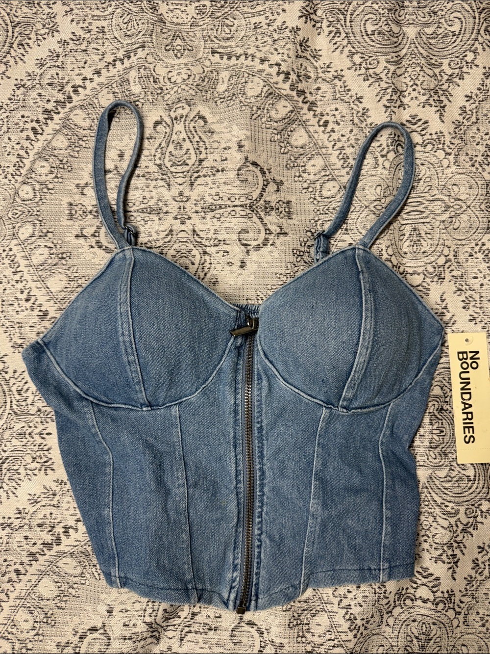 No Boundaries Blue Denim Zip-Front Bustier Crop Top - Small (4-6)